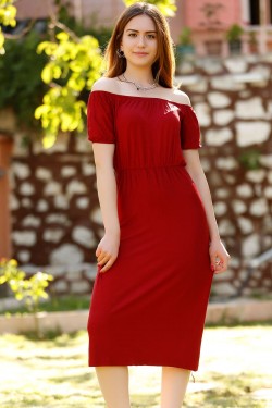 Bordo Yakası Lastikli Elbise