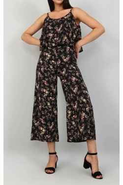 Çiçek Desenli Siyah Tulum