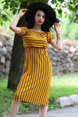 Sarısiyah Yakası Lastikli Elbise