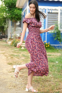 Mor Çiçekli Karpuz Kol Elbise