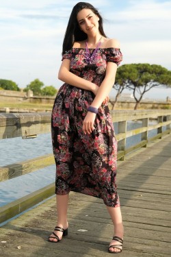 Siyah Çiçekli Karpuz Kol Elbise