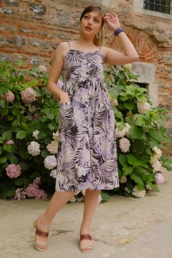 Mor İp Askılı Düğmeli Elbise