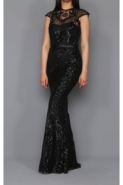 Pul Payet İşleme Siyah Balık Abiye Elbise