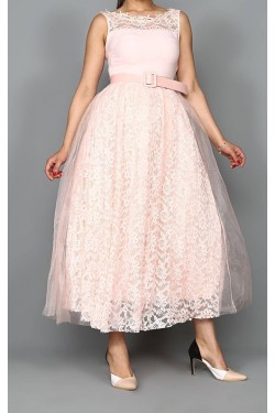 Pudra Eteği Tül Midi Abiye Elbise
