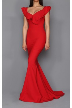 Volan Yaka Kırmızı Balık Abiye Elbise