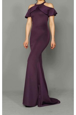 Omuz Detay Mürdüm Uzun Balık Abiye