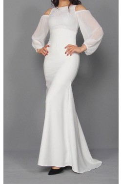 Beyaz Dantel Detay Uzun Şifon Abiye