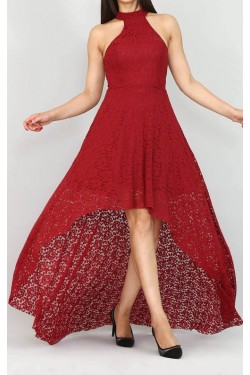 Arkası Uzun Bordo Güpür Abiye Elbise