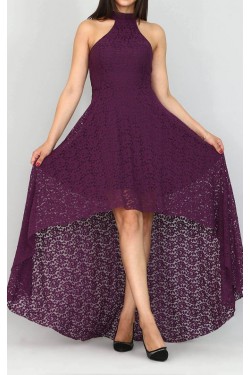 Arkası Uzun Mürdüm Güpür Abiye Elbise