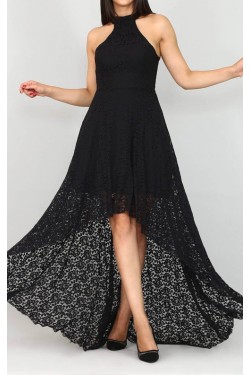 Arkası Uzun Siyah Güpür Abiye Elbise