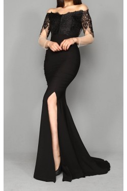 Güpür İşleme Siyah Uzun Abiye Elbise