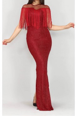 Saçaklı Uzun Bordo Abiye Elbise