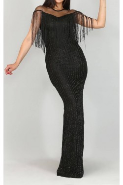 Saçaklı Uzun Siyah Abiye Elbise