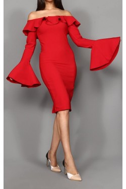 Kolları Volanlı Kırmızı Midi Elbise