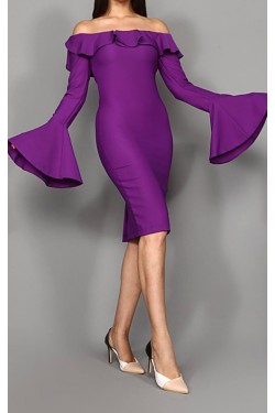 Kolları Volanlı Mor Midi Elbise