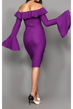 Kolları Volanlı Mor Midi Elbise