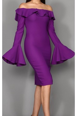 Kolları Volanlı Mor Midi Elbise