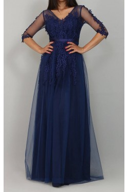 Çiçek Kabartmalı Uzun Lacivert Abiye