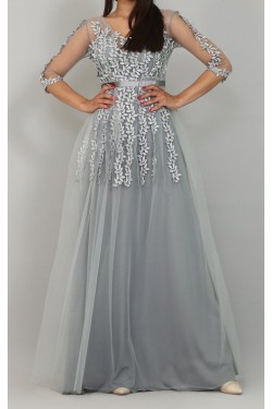 Çiçek Kabartmalı Uzun Gri Abiye