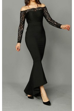 Güpür Detaylı Siyah Uzun Abiye Elbise