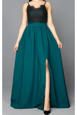 Güpür Detay ve Yırtmaçlı Yeşil Abiye Elbise