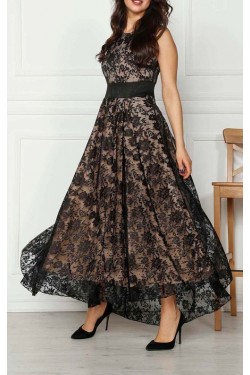 Siyah Uzun Güpür Abiye Elbise