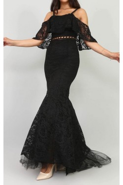 Siyah Güpür Tasarım Uzun Abiye Elbise