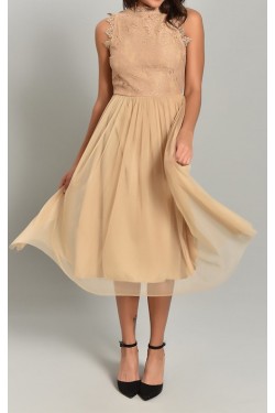 Eteği Tül Üstü Güpür Vizon Midi Abiye Elbise