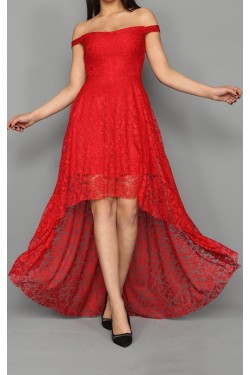 Açık Omuz Kırmızı Midi Dantel Abiye