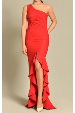 Tek Omuz Eteği Volanlı Kırmızı Abiye Elbise