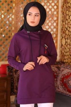 Mor Kapşonlu Cepli Tunik