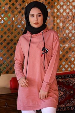 Pudra Kapşonlu Cepli Tunik