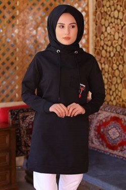 Siyah Kapşonlu Cepli Tunik